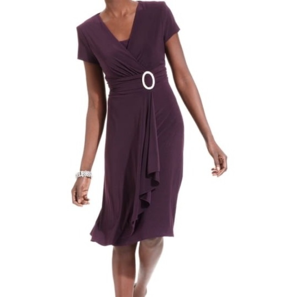 Plum Purple Rhinestone Buckle Faux Wrap Dress 14W Plus sz‎ Wedding